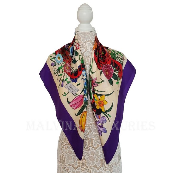 GUCCI SCARF SILK TIGER ICONIC FLORA PRINT SQUARE VIBRANT FOULARD 35" - Picture 8 of 16